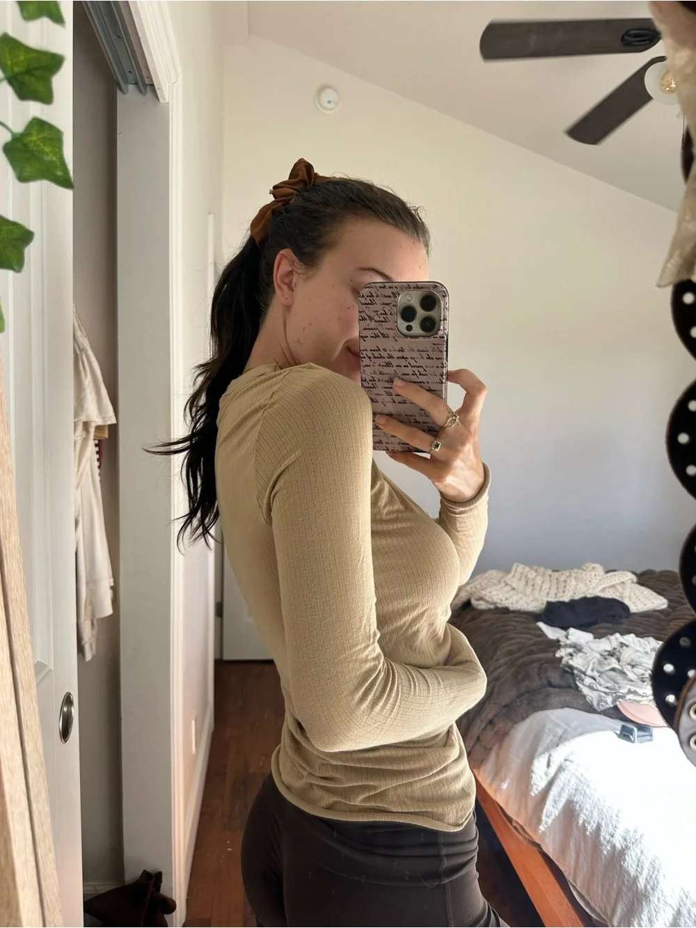 Free People Ribbed Long-Sleeve Crewneck Top in Beige